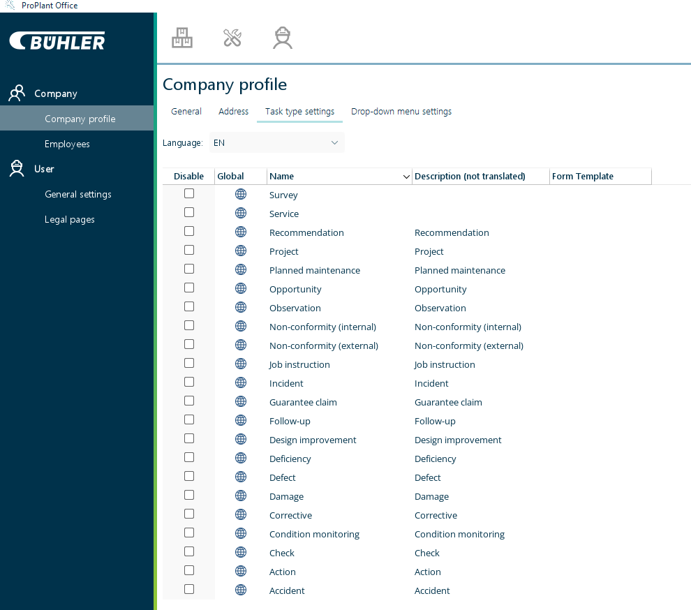 Activity Kind settings in ProPlant Office